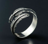 Unisex Silver Feather Ancient Vintage Style Open Ring