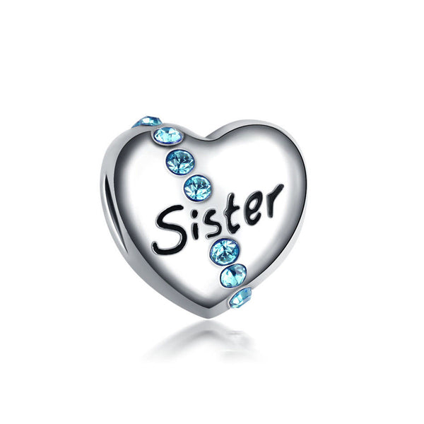 Silver Plated sister love Heart Pink/Blue stone Charm