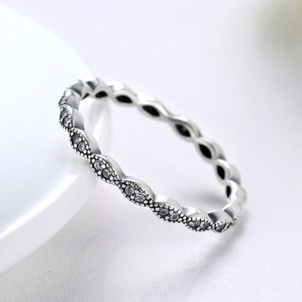 Silver Sterling slim Delicate Band of Shimmering Leaves Stackable Stone Ring