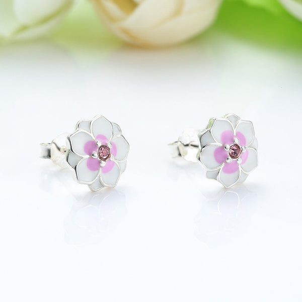 Silver Sterling Pink Magnolia Floral Daisy Earrings