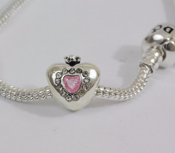 Silver Plated Heart Crown Pink Charm
