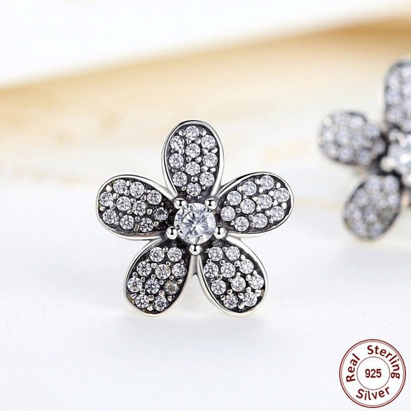 Silver Sterling Dazzling Sparkling Daisy Flower Earrings