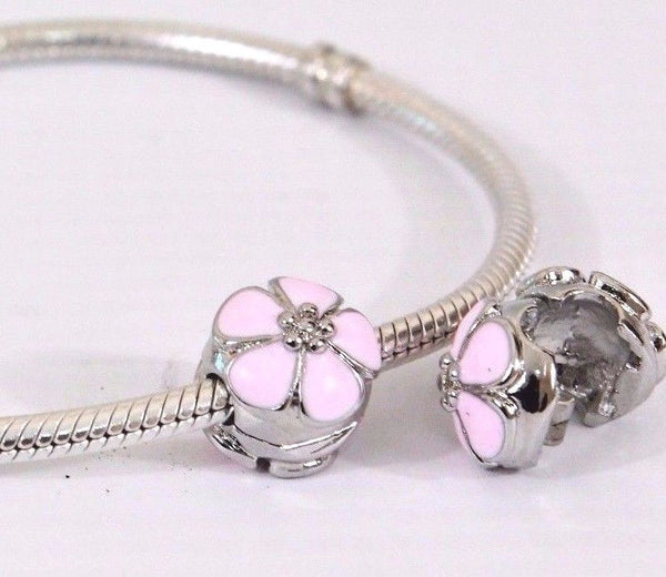 Silver Plated Pink Cherry Blossom lock Clip Stopper Charm fits pandora