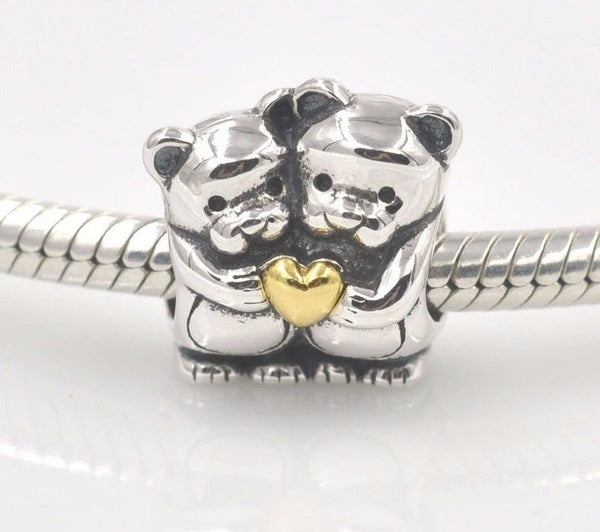 Silver Plated Twin Teddy Bear Hug love Charm