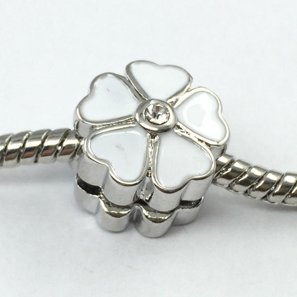 Silver Plated white Primrose Cherry Blossom Clip Stopper Bead
