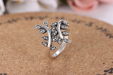 Silver Sterling Luxury Sparkling Shimmering Leaves crystal Stone Ring