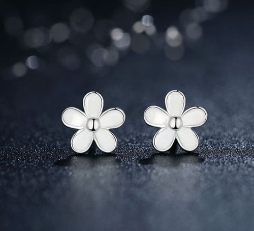 pandora style Silver Sterling Darling Daisy White Enamel Floral Earrings