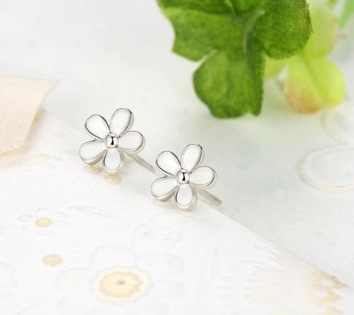 pandora style Silver Sterling Darling Daisy White Enamel Floral Earrings