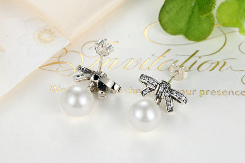 Silver Sterling Delicate Sentiments Bow knot Pearl earrings