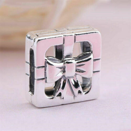 925 Silver Square Sweet gift box bow Clip Charm Fits Reflexions mesh bracelets