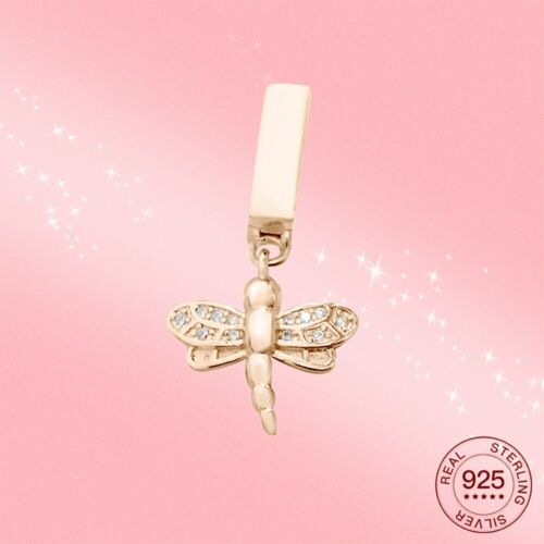925 Silver Rose Gold Dragonfly dangle Clip Charm Fits Reflexions bracelets