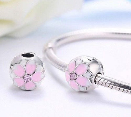 Silver Plated Pink Cherry Blossom Clip Stopper Charm