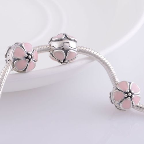 Silver Plated Pink Cherry Blossom lock Clip Stopper Charm