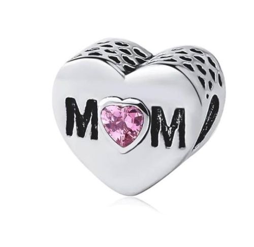 Silver Plated Best Mom Mum Pink Heart Mother's Day Charm